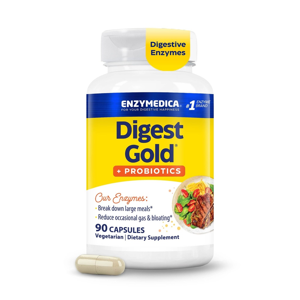 Enzymedica Digest Gold + Probióticos, 2-en-1 Fórmula para Gut Health, Enzymes Digestivos & 1 Billion Culturas Probióticas Activas, 90 Cuenta (FFP)