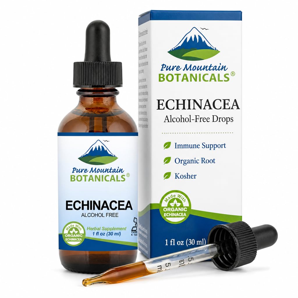 Pure Mountain Botanicals Liquid Echinacea Drops – Kosher Tincture Alcohol Free Extract - 500mg Organic Echinacea -1oz Botella