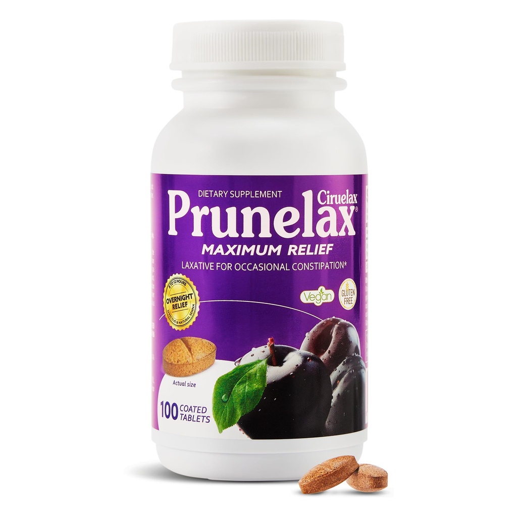 Prunelax Ciruelax Maximum Relief Laxative Tablets with Natural Senna for Occasional Constipation, Senna Extract, Vegan &amp; Gluten-Free, Gentle Overnight Relief - 100ct