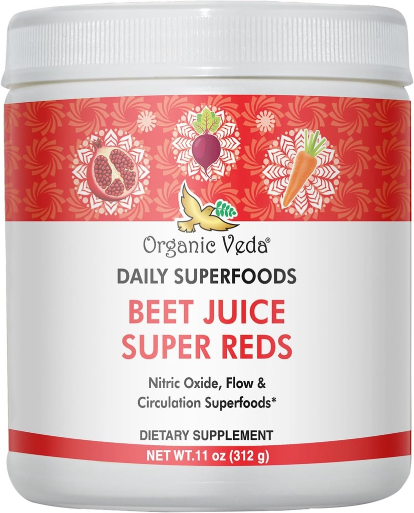Orgánica Veda Beet Root Powder Juice Suplemento con Superfood Reds - Beet Juice Powder con óxido nítrico para soportar la circulación, energía, resistencia y resistencia - Vegan, No GMO - 11 oz