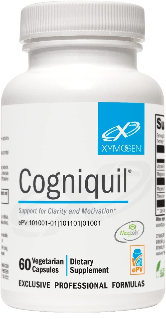 Cogniquil XYMOGEN - Apoyo a la Claridad, Enfoque, Motivación, Energía Mental y Física - Magnesio L-Threonado para suministrar Magnesio Biodisponible al Cerebro, Teacrina + Vitamina B12 (60 cápsulas)