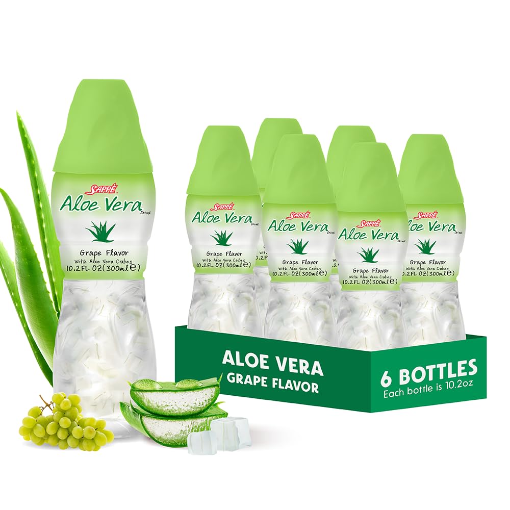 Jugo de aloe vera (Grape saboreado) con trozos más grandes de pulpa de aloe puro (6 paquetes) Zumo de planta grande para hidratación y contiene pulpa de aloe grande. Es saludable para adultos y niños