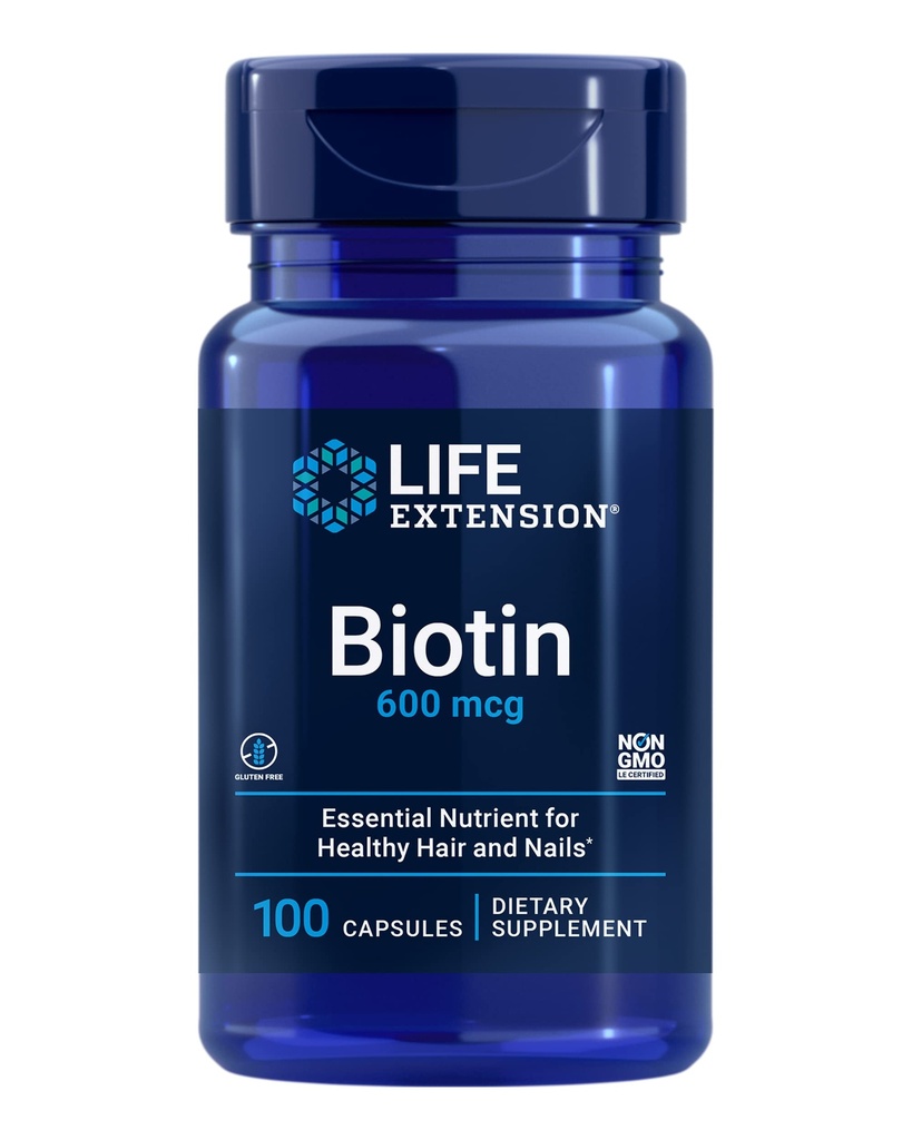 Extensión de vida Biotina 600 mcg Vitamina B7 Apoyo Suplemento para el cabello hermoso, uñas y más allá – libre de gluten, no GMO - 100 cápsulas