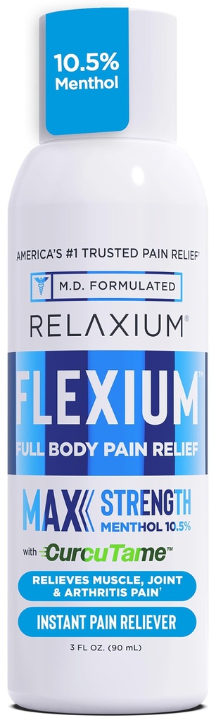 Relaxium Flexium Instant Spray for Pain, Max Strength with 10.5% Menthol & CurcuTame, Supports Muscle, Joint and Arthritis Doin Relief, 3 FL oz. (90 ml)