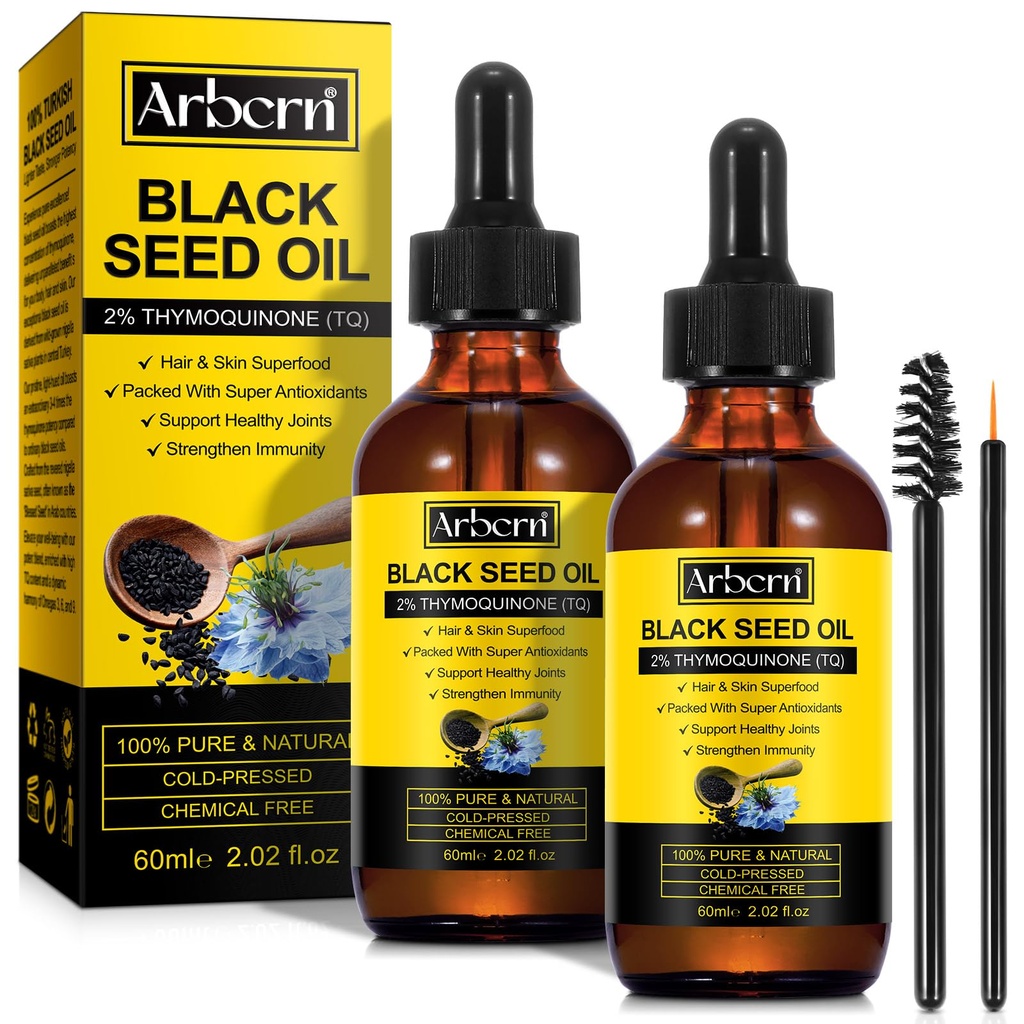 2 Pack Black Seed Oil Organic Cold Pressed,100% Puro &amp; Natural Liquid Black Seed Oil Cold Pressed Glass Bottle 60ML for Skin Cares, Nourishes and Hydrates Hair