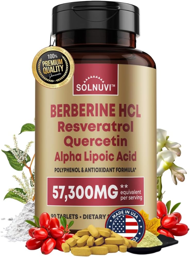 Suplemento de Berberina Premium con Resveratrol Quercetin Alpha Lipoic Acid - 50:1 Berberine HCl Complex Potent Antioxidants, Polyphenols, Vitality Boost - 90 Vegan Tablets, Non-GMO, Gluten-Free
