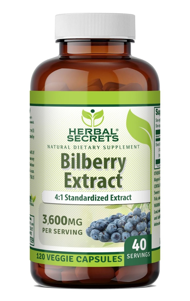 Herbal Secrets Bilberry Extract 300 Mg Silencio 4:1 Extracto (3600 mg Equivalente) Silencio Veggie Capsules ← Non-GMO ANTE Gluten-Free Silencio Made in USA (120 Conde)