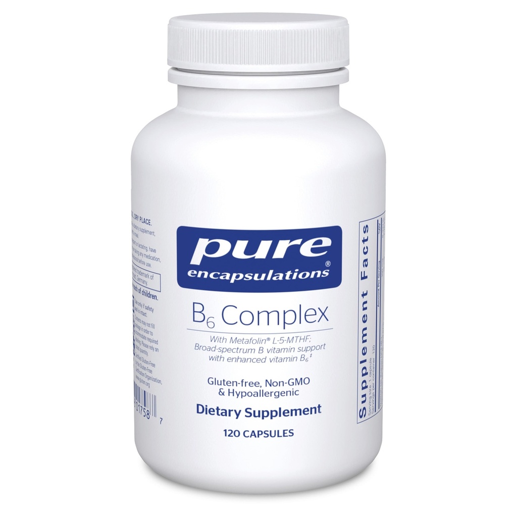 Complejo B6 encapsulaciones puras - Soportes Nervous System & Brain Health* - Incluye vitaminas B - Contiene vitamina B6 enriquecida - No GMO &amp; Gluten Gratis - 120 cápsulas