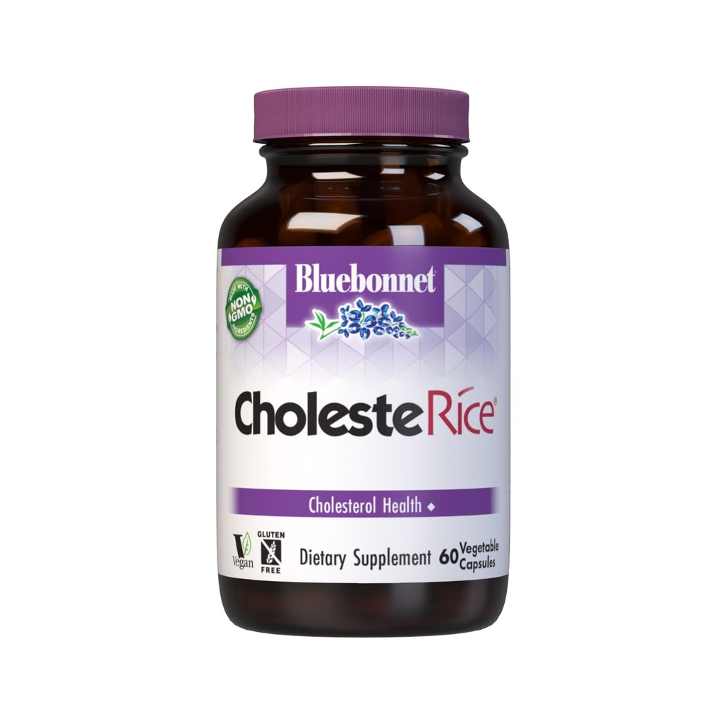 Bluebonnet Nutrition CholesteRice Vegetable Capsules, Red Yeast Rice, Plant Sterols, Pantethine, CoQ10, Policosanol, Vegan, Vegetarian, Non GMO, Gluten Free, Milk Free, SOY-FREE, 60 cápsulas vegetales