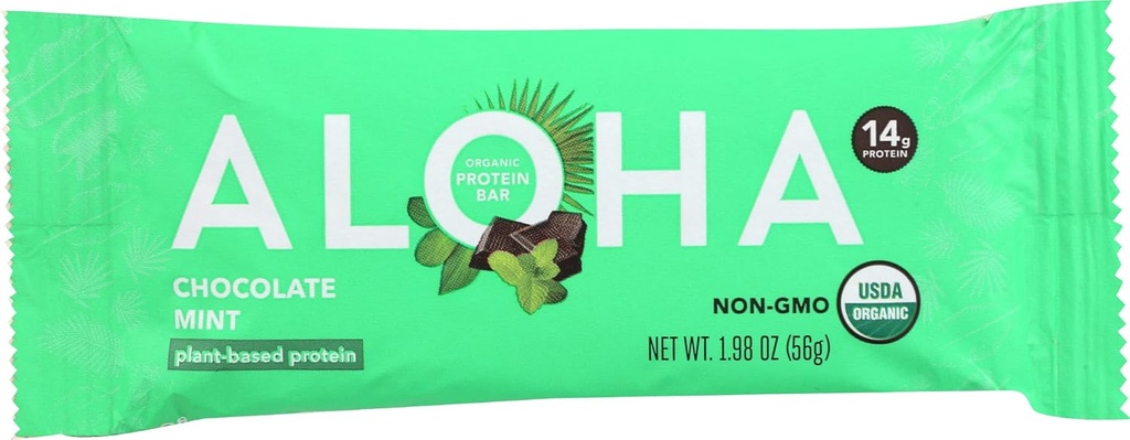 Aloha Organic Chocolate Mint Protein Bares, 14g Plant-Based Protein, USDA Certified Organic, Gluten Free " Non-GMO, 56 Gm (Pack of 12)