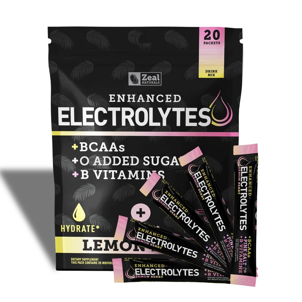 Enhanced Electrolyte Powder Stick Packs (Lemon Berry tención 20 Packets) w / 0 Sugar +BCAAs +B-Vitamins Electrolyte Suplemento w Potassium Zinc &amp; Magnesium for Hydration - Keto Electrolytes