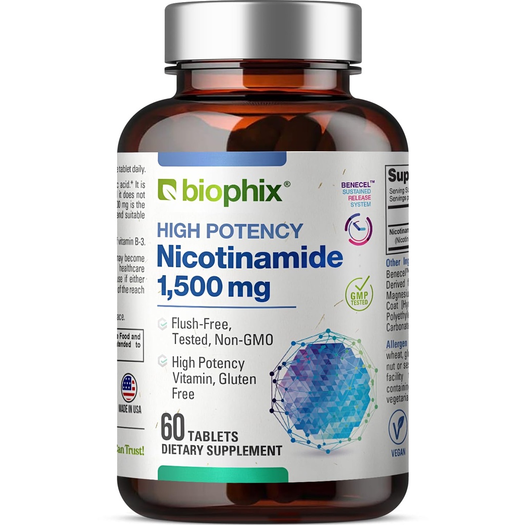 biophix B-3 Nicotinamide 1500 mg 60 Tablets Maximum Strength - Nicotinic Amide Niacin Natural Flush-Free Vitamina Fórmula - Supports Skin Cell Health