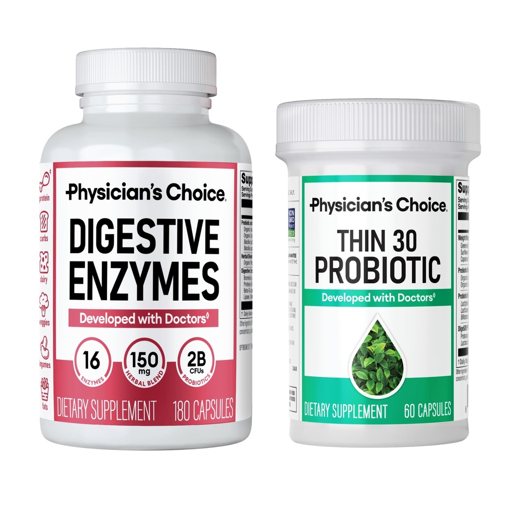 CHOICE de Physician - Beat Bloat + Soporte Weight Management Bundle: Digestive Enzymes 180ct + Thin-30 Probiotic 60ct - Value Pack
