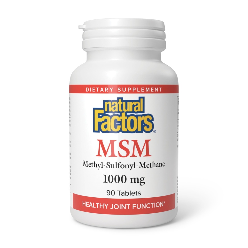 Factores naturales, MSM 1000 mg, soporta articulaciones saludables, pelo, piel y uñas, 90 cápsulas (90 porciones)