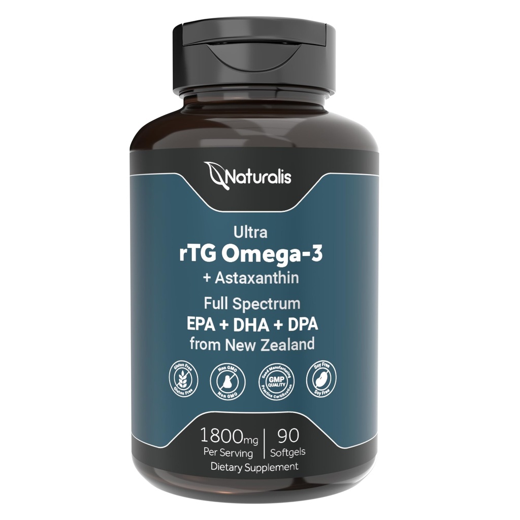 Naturalis Ultimate rTG Omega 3 Fish Oil 1800mg de Wild New Zealand Tuna - Full Spectrum Omega3s EPA, DHA & DPA - Sostentablemente Fuented, No GMO, Gluten Free - 90 Softgels