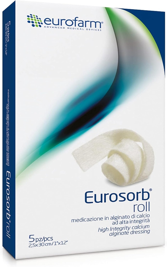 Eurosorb Roll -1 x 12 in -100% High Integrity Calcium Ribbon Dressing,Promotes The Healing Process,Formation of New Tissue,Integral Alginate –5 piezas