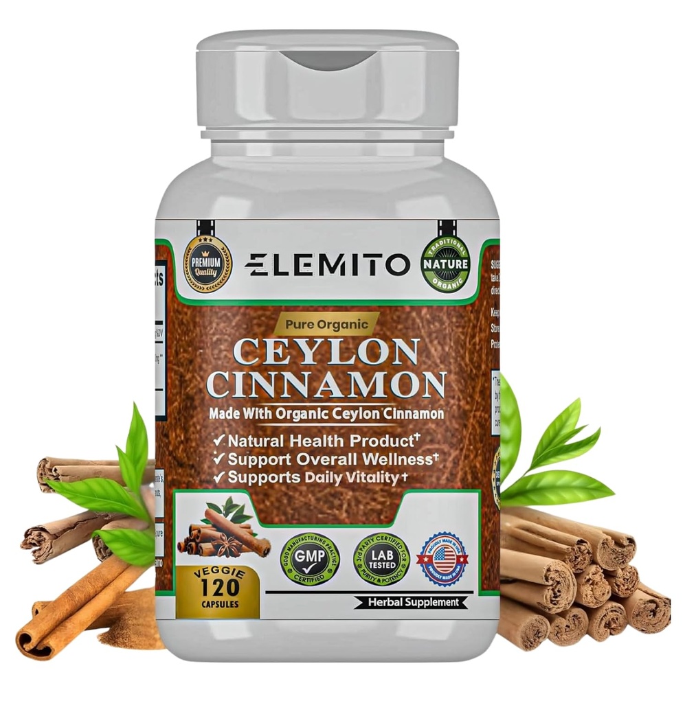 Ceylon Cinnamon Capsules, Energy, Heart &amp; Metabolism Support, Certified Organic Ceylon Cinnamon Pills, Non-GMO, Vegan, Gluten-Free - 120 cápsulas