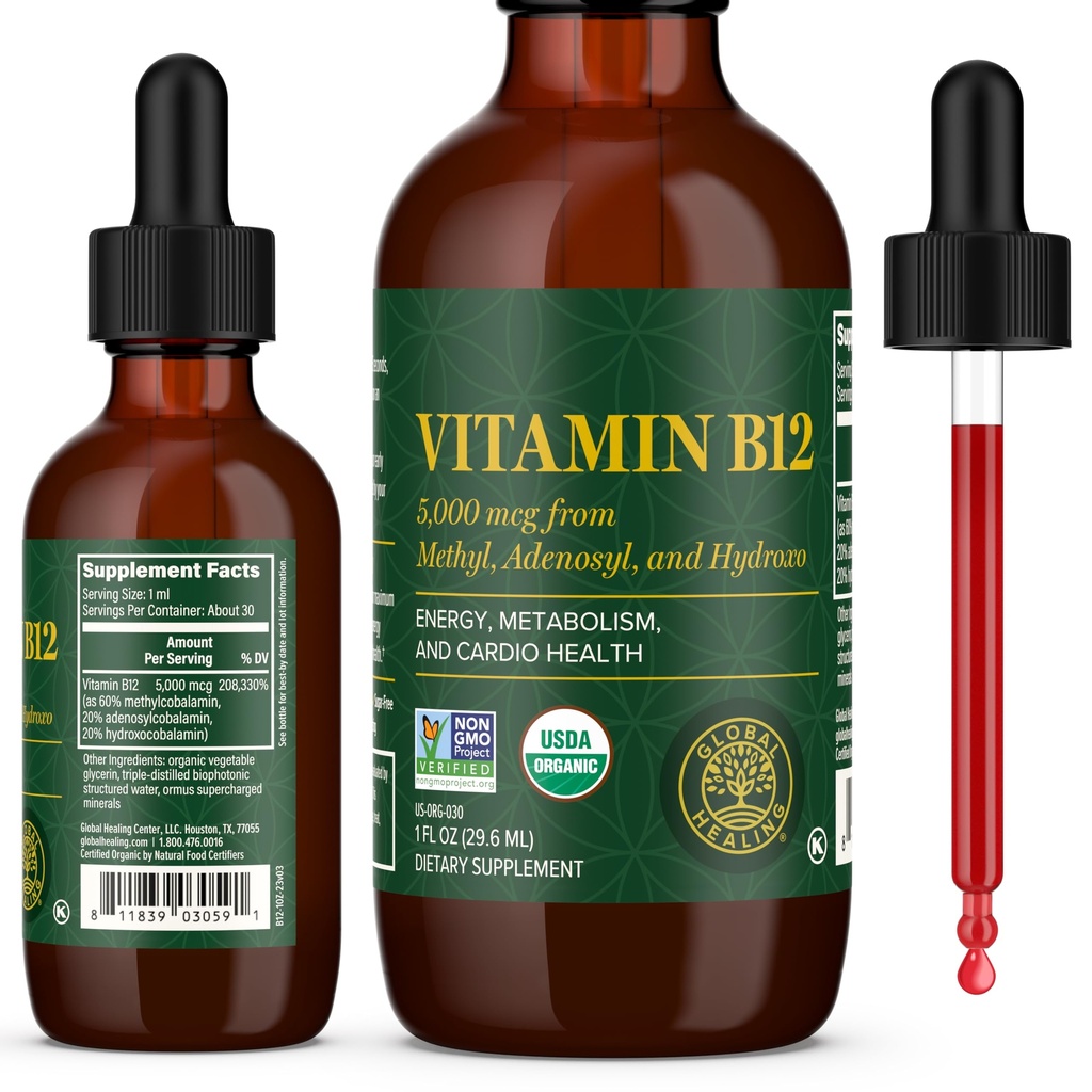 Centro Mundial de Sanación - Vitamina B12 Sublingual 5000 MCG Suplemento Orgánico Líquido, Metilcobalamina, Adenosylcobalamin, Hydroxo Larga Energía y Metabolismo Saludable - Vegan B12 Vitaminas (1 Oz)