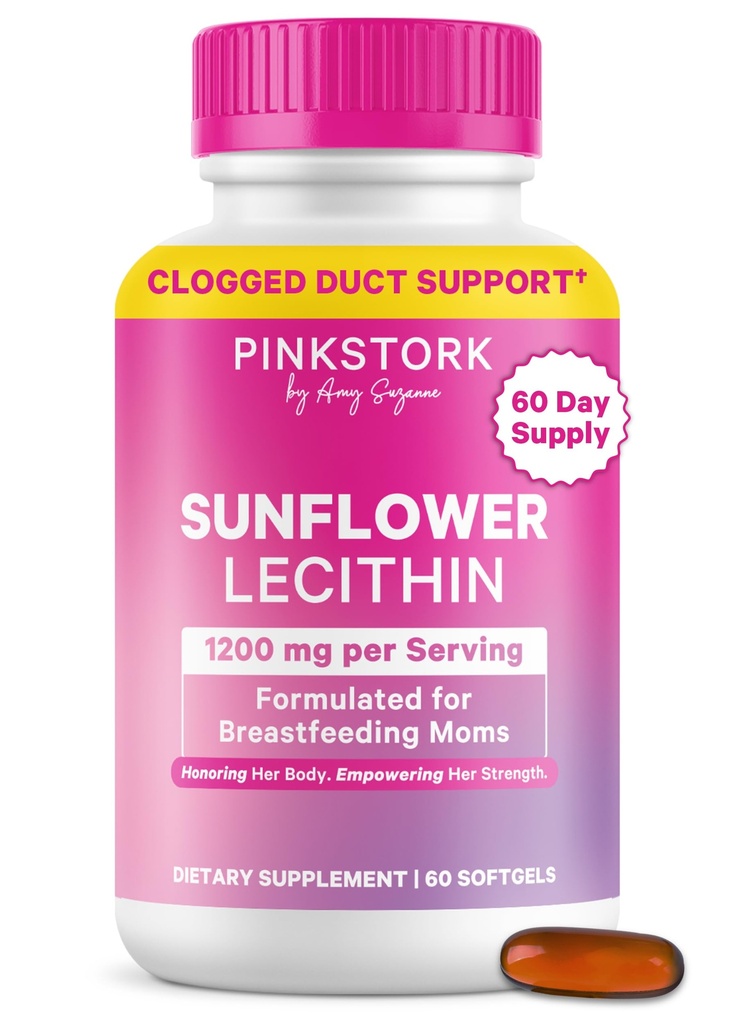 Pink Stork Sunflower Lecithin Suplemento - 1200 mg para Clogged Milk Ducts - Breastfeeding Essentials for Postpartum Moms - Supports Breast Milk Flow - 60 Softgels