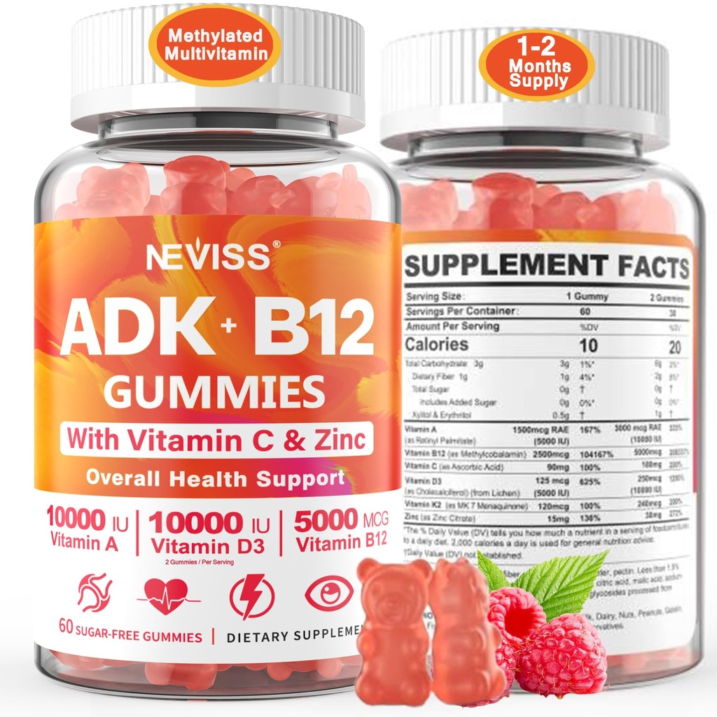 Mujeres multivitamínicas metiladas, vitamina D3 K2 5000IU / 10,000IU, B12 5000 mcg 2500mcg, K2 (MK-7) 240mcg- ADK+Metil Vitamina B12, Vegan D3,Vitamin A,C,Zinc Eye,Bone,Energy,Inmune, Gummies libres de azúcar