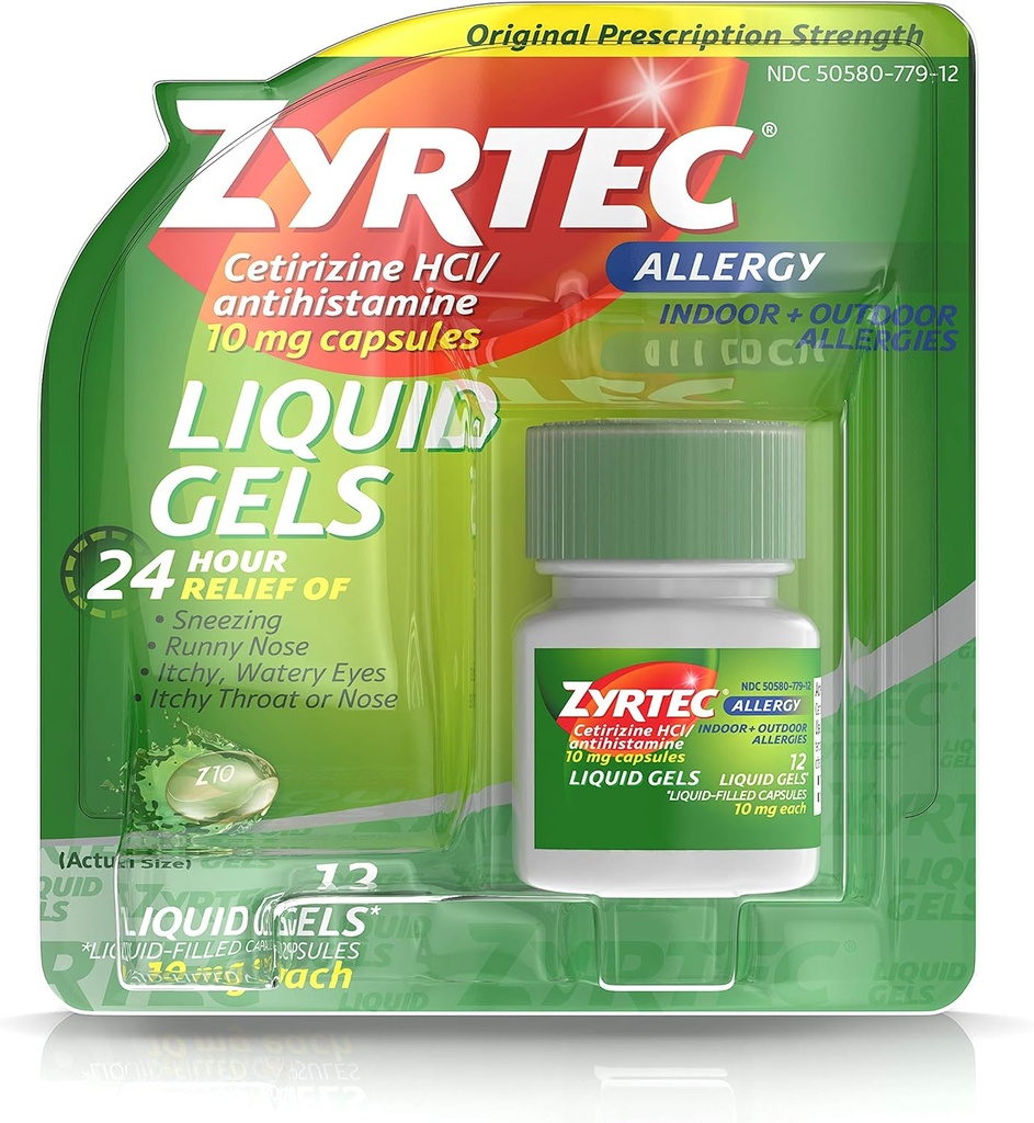 Zyrtec 24 horas Indoor &amp; Alergía al aire libre Pulseras líquidas, Antihistamina Capsules con clorhidrato de cetirizina para Alivio de Alergia de Todos los Días, 12 ct (Pack of 2)