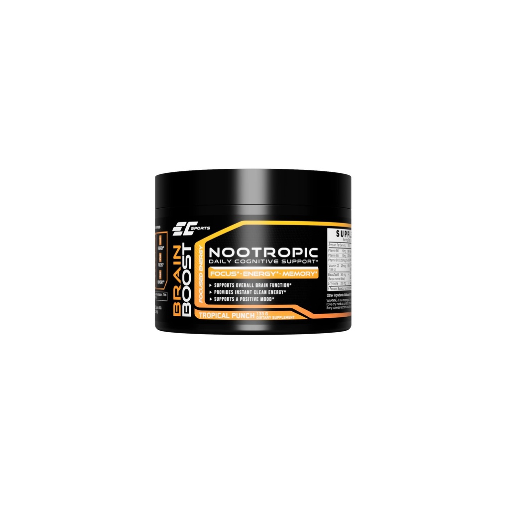 EC Sports Brain Boost Tropical Punch Suplemento Nootropic para Focus, Faster Processing, Instant Energy & Performance w/ 18 Nootropics - 30 Servings