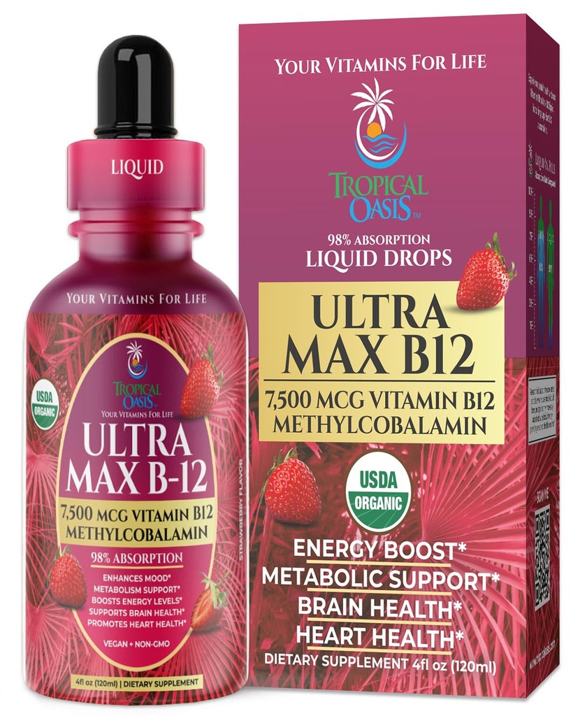 USDA Organic Ultra Max B12 ← Superdose 7500mcg Vitamina B12 Liquid Drops TENIDO B12 como Methylcobalamin habit Max 98% Absorption Rate ← Promueve Energía Vegan, No GMO, Sabor de fresa -4oz