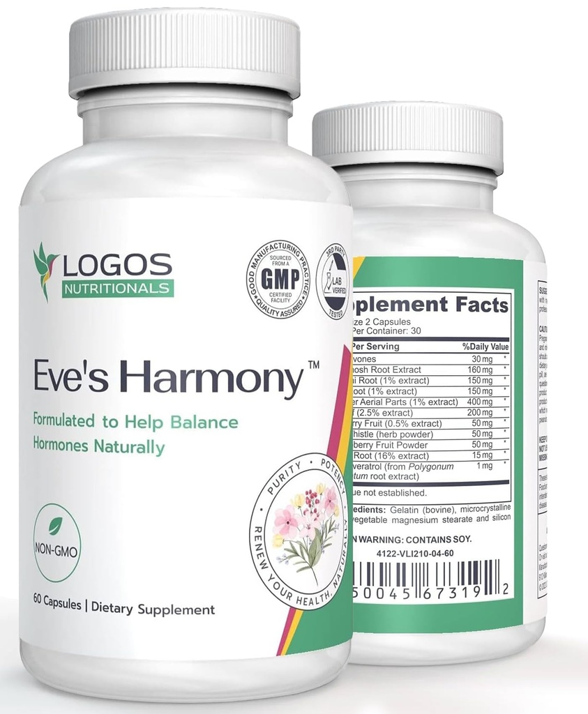 Suplemento de la Armonía de Eva, Apoyo hormonal para Mujeres con Isoflavonas de Soya, Black Cohosh &amp; Red Raspberry, Non-GMO Natural PMS &amp; Menopausal Symptom Support, 60 cápsulas