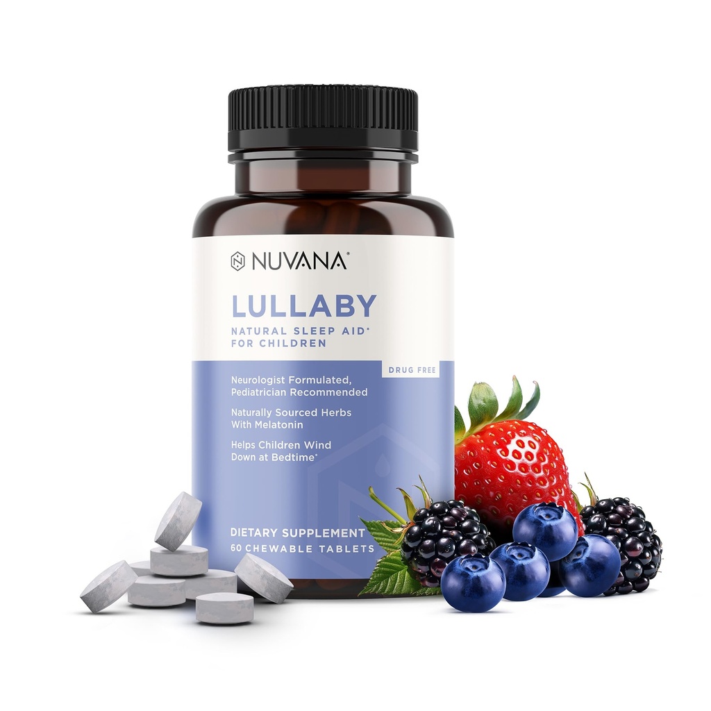 Lullaby ← Gentle Kids Natural Sleep Aid ← Pediatrician Recommended ← Delicious Low Dose Melatonin " Non-Habit Forming Mixed Berry Chewable Tablets  with Chamomile, Magnesium for Kids 3+