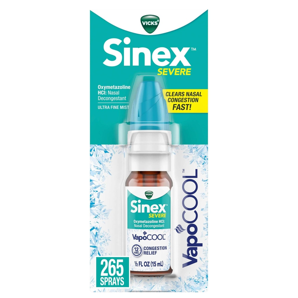 Vicks Sinex SEVERE Nasal Spray with VapoCOOL, Soothing Vicks Vapors, Decongestant Medicine, Relief from Stuffy Nose due to Cold or Allergy, " Nasal Congestion, Sinus Pressure Relief, 265 Sprays