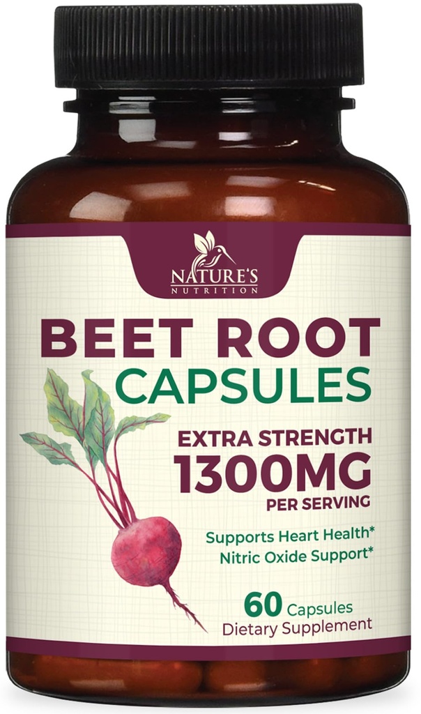 Beet Root Capsules 1300mg - Extra Strength Red Beetroot Powder Suplemento – Apoyo Nitric Oxide Production, Heart Health & Natural Energy – Non-GMO, Vegan, Gluten Free – 60 Veggie Capsules