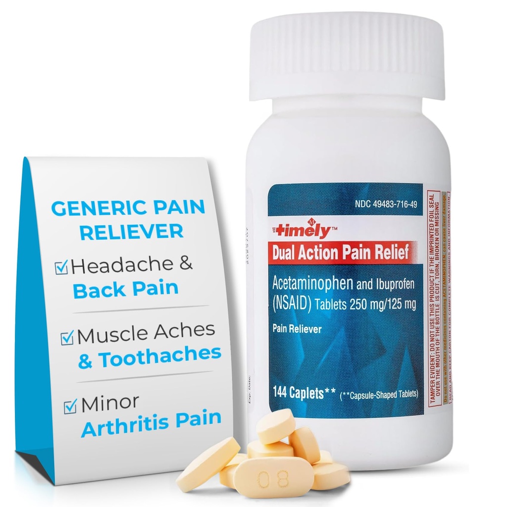 Acetaminofeno de acción dual 250 mg e Ibuprofeno 125 mg - Alimentador de dolor genérico, Reductor de fiebre, Alivio de dolor de cabeza, Dolor menstrual, Dolor de dientes, Dolor muscular, Alivio de dolor de artritis - 144 Conteo