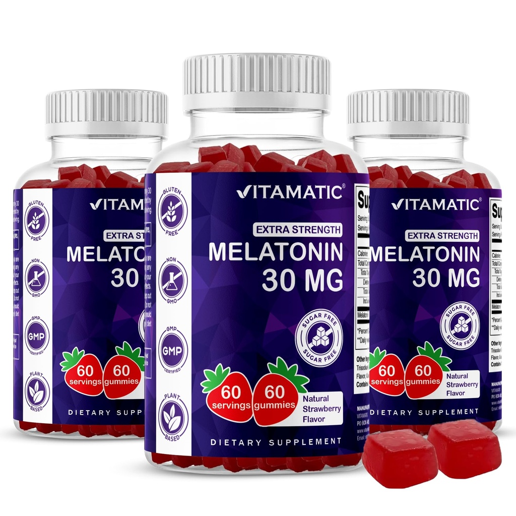 Vitamatic Sugar Free Melatonin 30mg per Gummy - 60 Servings - 60 Gummies Vegetarian - Suplemento No-Habit (60 Conde (Pack of 3))