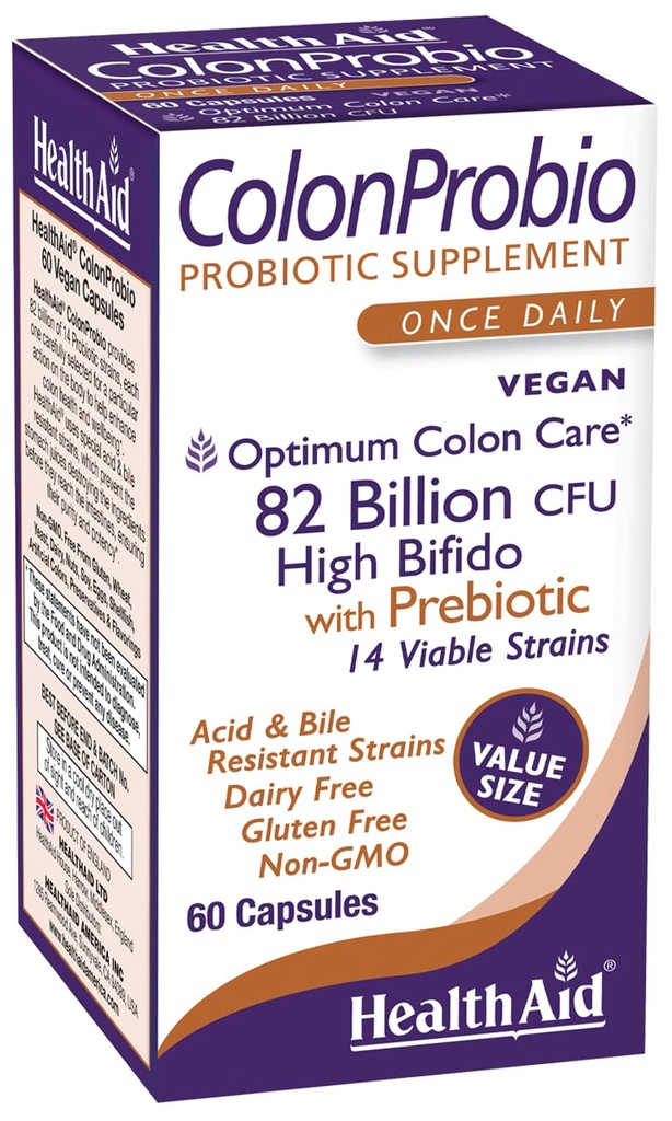 HealthAid ColonProbio 82 Billion with Prebiotic, 14 Strains, Once Daily, 60ct, Optimum Colon Care, Acid &amp; Bile Resistant, Dairy Free, Gluten Free, Non-GMO, High Bifido
