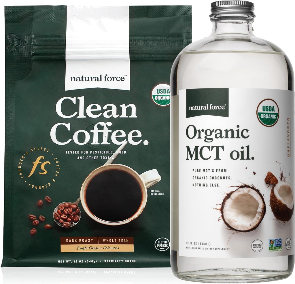 Natural Force Organic Dark Roast Clean Coffee + Organic MCT Oil Bundle – 100% Pure Coconut MCTs & Mold & Mycotoxin Free Coffee – Non-GMO, Keto, Paleo y Vegan - 12 Oz y 32 Oz