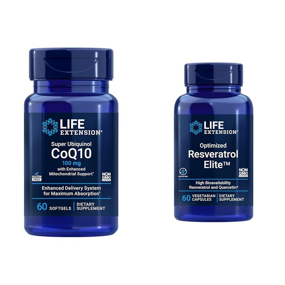 Super Ubiquinol CoQ10 60 Softgels y optimizado Resveratrol Elite 60 Vegetarian Capsules Bundle