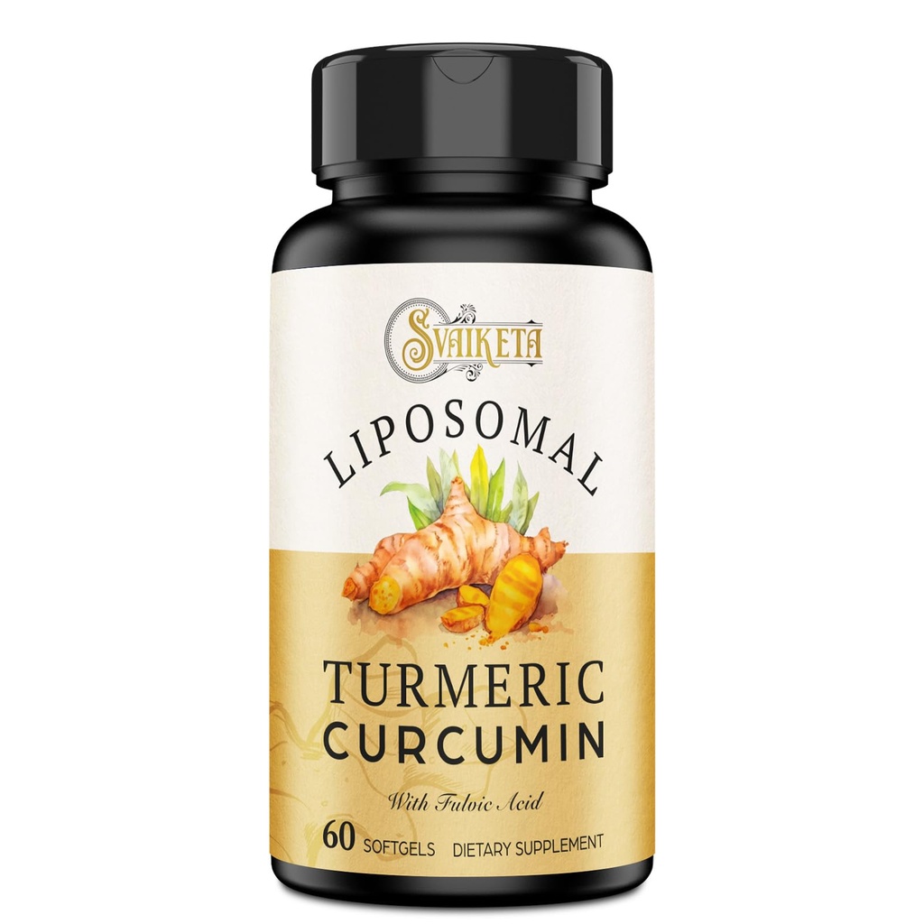 Liposomal Turmeric Curcumin Suplemento 2000mg, 95% Standardized Curcuminoid Extract " Organic Root Powder with Piperine Black Pepper Fruit (15mg), 60 softgels