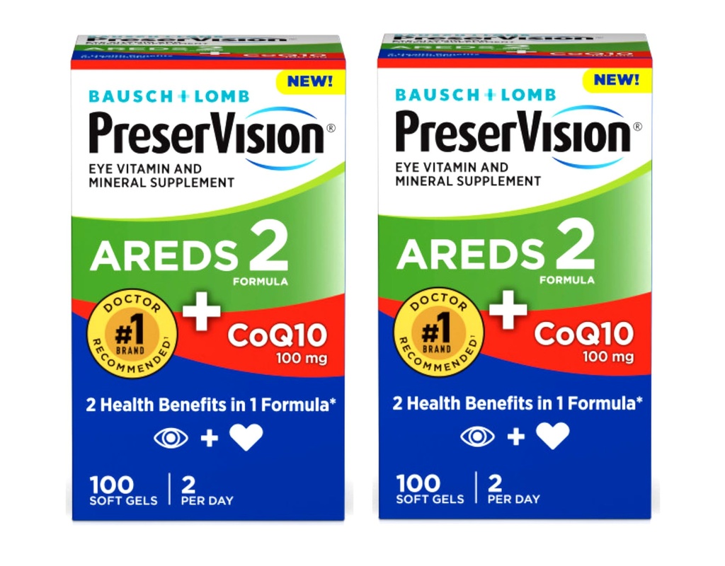 PreserVision Eye Vitamina &amp; Suplemento Mineral AREDS 2 Fórmula + CoQ10, 2-en-1 Beneficios de la salud, 100 Softgels (2 por día) Pack de 2