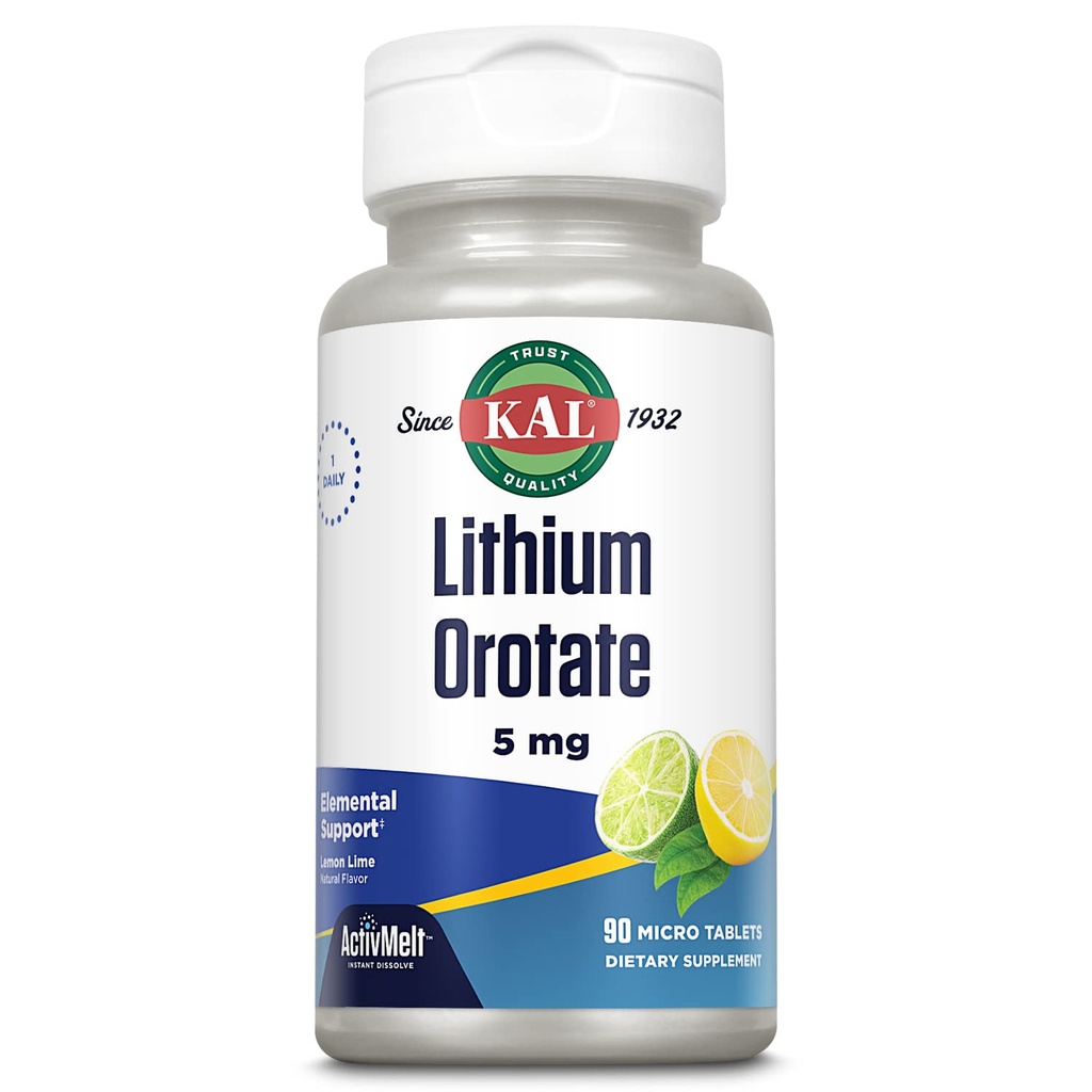 KAL Lithium Orotate ActivMelt 5mg, Lithium Chelated para la absorción óptima y la biodisponibilidad, Soporte de Mood saludable, Sabor de limón natural, Tabletas de dissolve instantáneo, 90 Serviciones, 90 Micro Tabletas