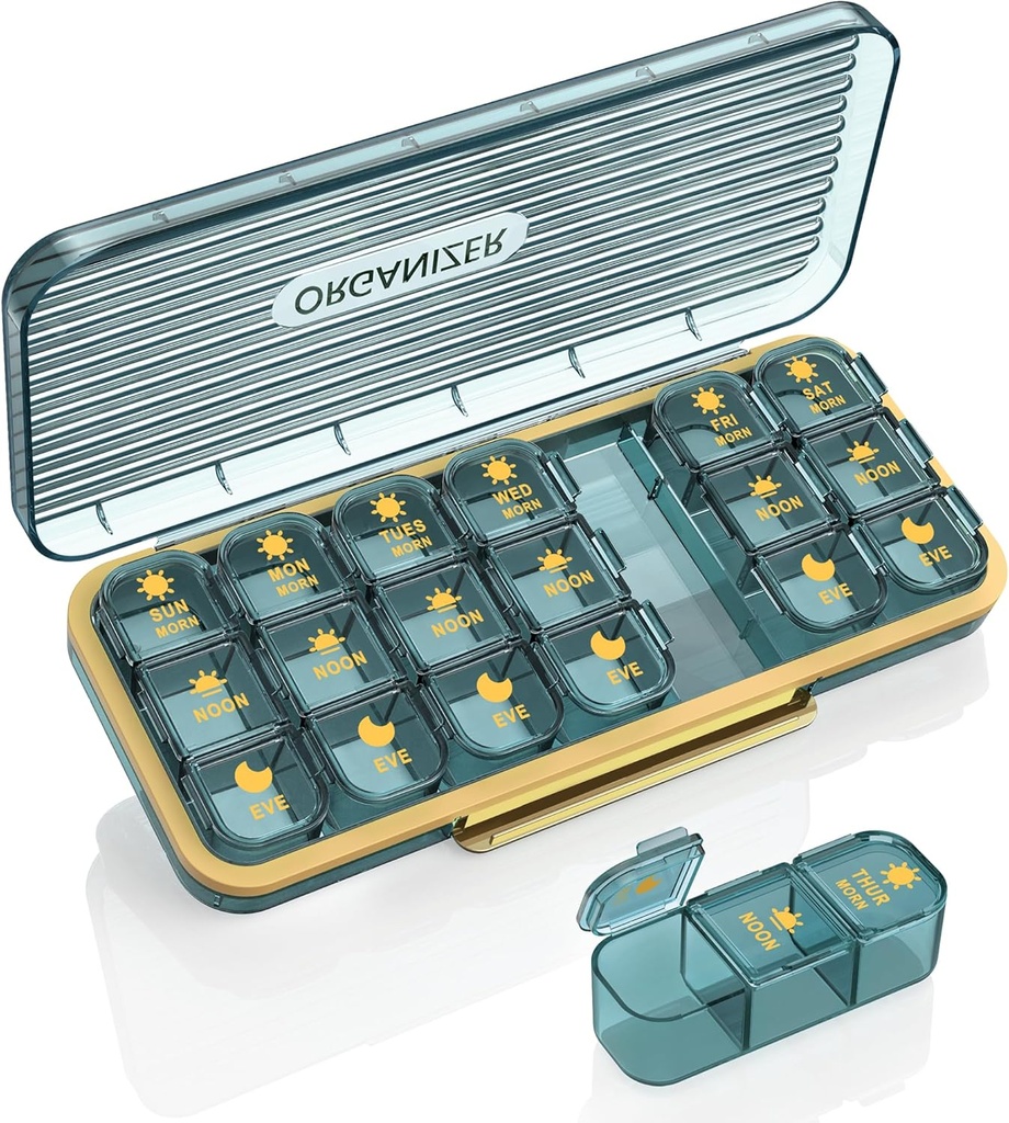 Organizador de píldoras 3 veces al día, 7 días caja de píldoras 3 veces al día - Acedada semanal Caja de vitaminas Organizador con 7 contenedores separados, medicina diaria portátil Planificador caso para vitamina pescado suplemento de aceite, azul