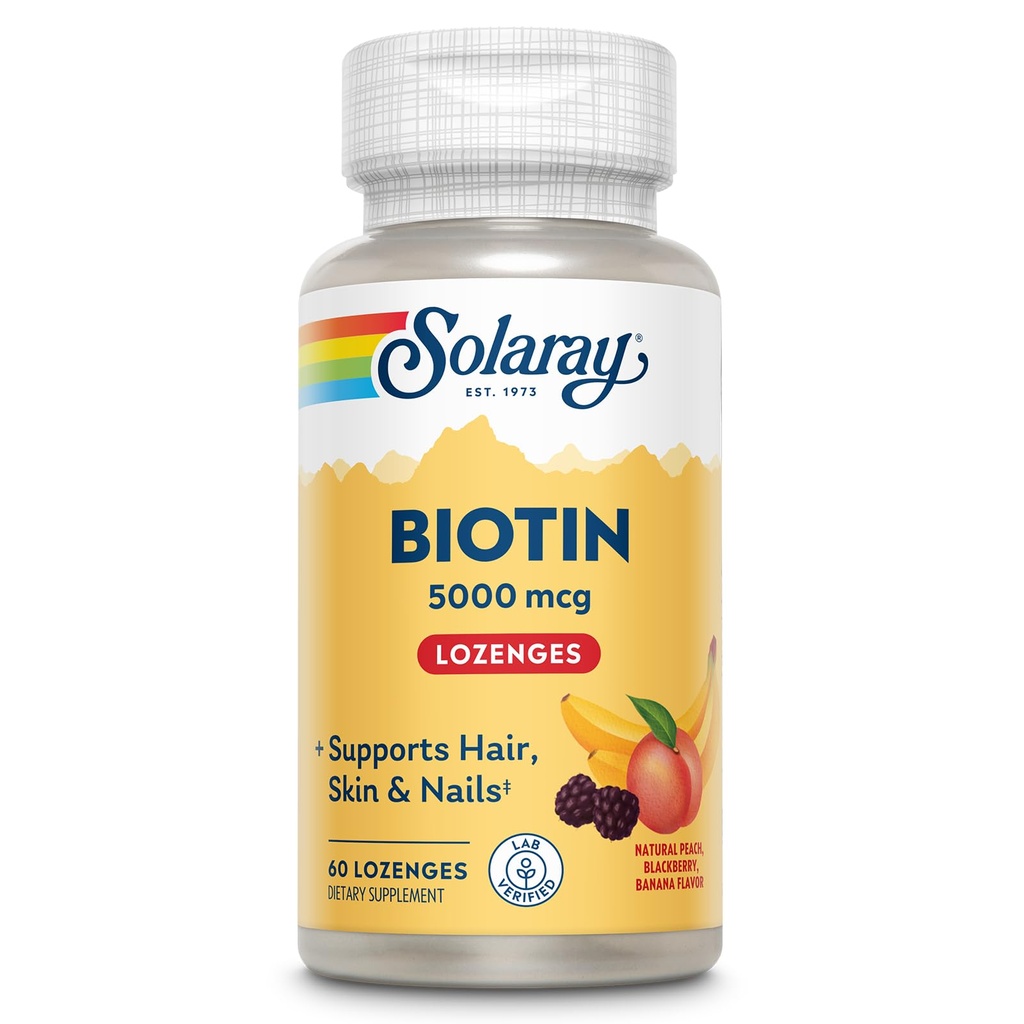 SOLARAY Biotin 5000 mcg Silencio Natural Peach, Fresa, Banana Flavor ← Saludable Pelo, Esquín &amp; uñas Soporta 60 Lozenges