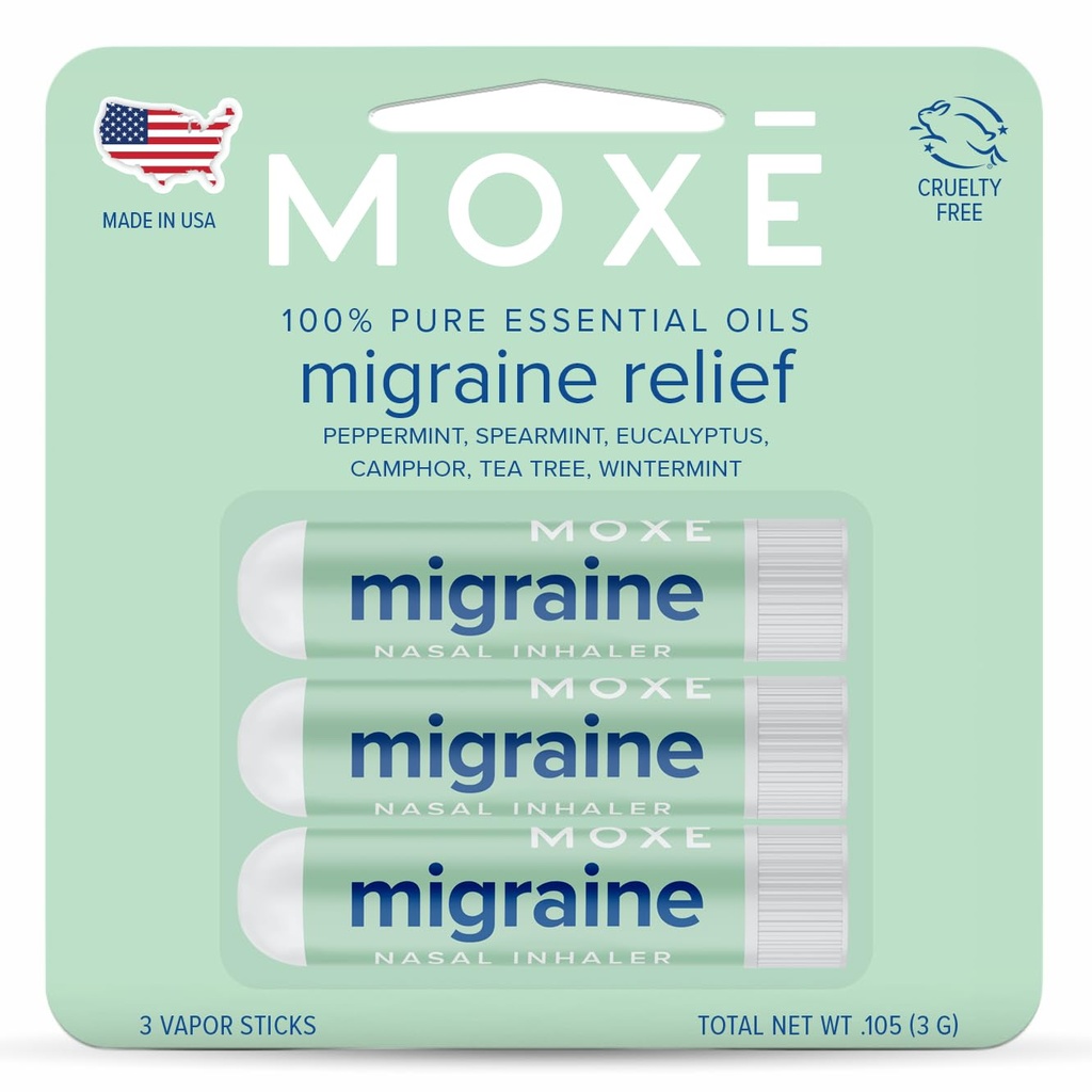 MOXE Migraine Relief Nasal Inhalers, Essential Oils for Headaches " Tension Relief, Portable Aromatherapy, Easy-to-Use, Pure " Undiluted, Peppermint, Spearmint, Eucalyptus, Tea Tree, USA Made, 3 Pack