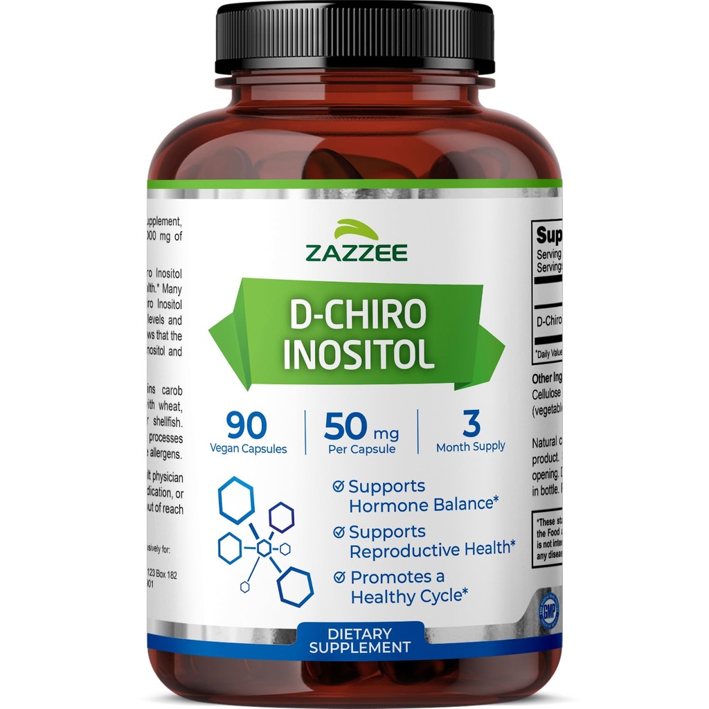 Zazzee D-Chiro-Inositol, 50 mg por cápsula, 90 cápsulas veganas, dosis ideal para 40:1 ratio con Myo-Inositol, 3 meses de suministro, 100% vegetariano, no GMO