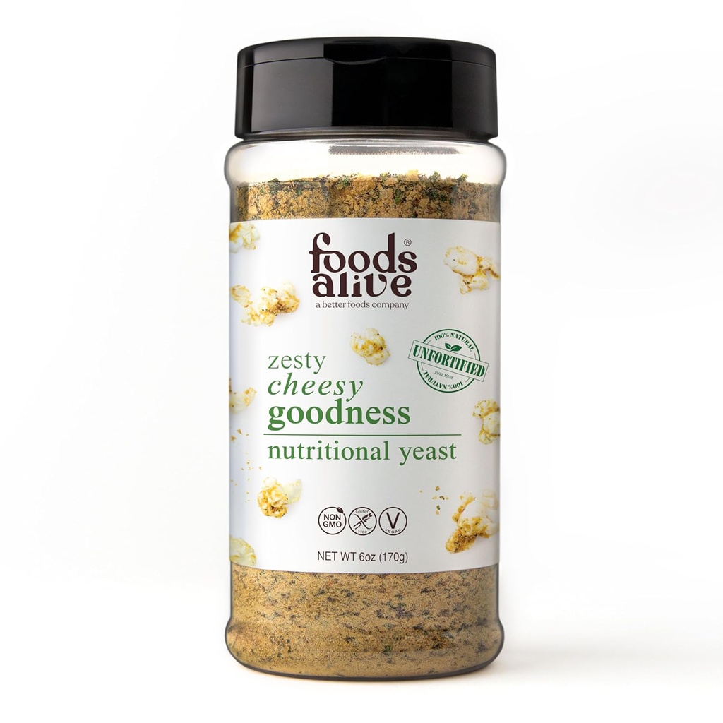 Alimentos Alive Zesty Cheesy Goodness Nutritional Yeast, 6oz Shaker Jar/No Fortified, Vegan Cheese Powder Seasoning