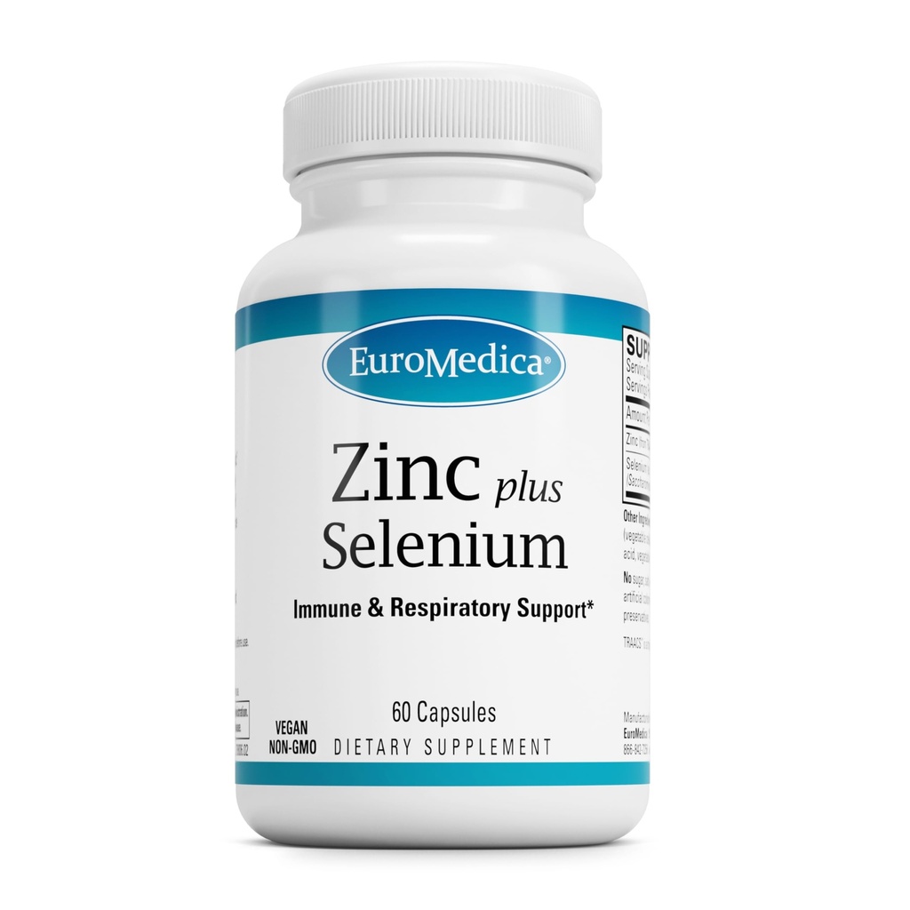 EuroMedica Zinc Plus Selenium - Immune &amp; Respiratory Health Support Supplement - Mineral Supplement with Zinc Bisglycinate Chelate - Formula with Selenium for Cellular Health Support - 60 Capsules