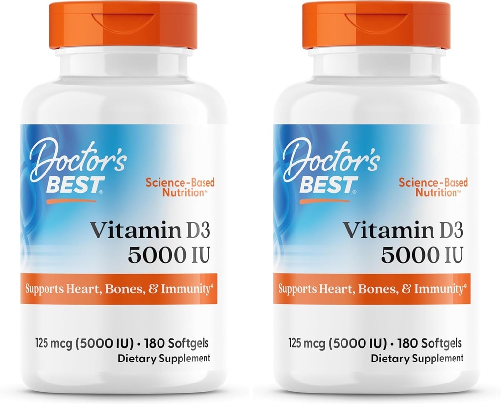 Mejor vitamina D3 5000IU, no GMO, Gluten &amp; Soy Gratis, Regula la función de inmuno, soporta los huesos saludables, blanco, sin sabor, 180 Cuenta (Pack of 2)