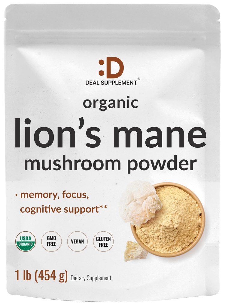 SUPLEMENTO DEAL Los leones orgánicos Mane Mushroom Powder Suplemento, 1.500mg Por Serving, 1lb – Cuerpo de Fruto Activo & Extracto de Micelio – Natural Brain Nootropic &amp; Immune System Booster – Non-GMO