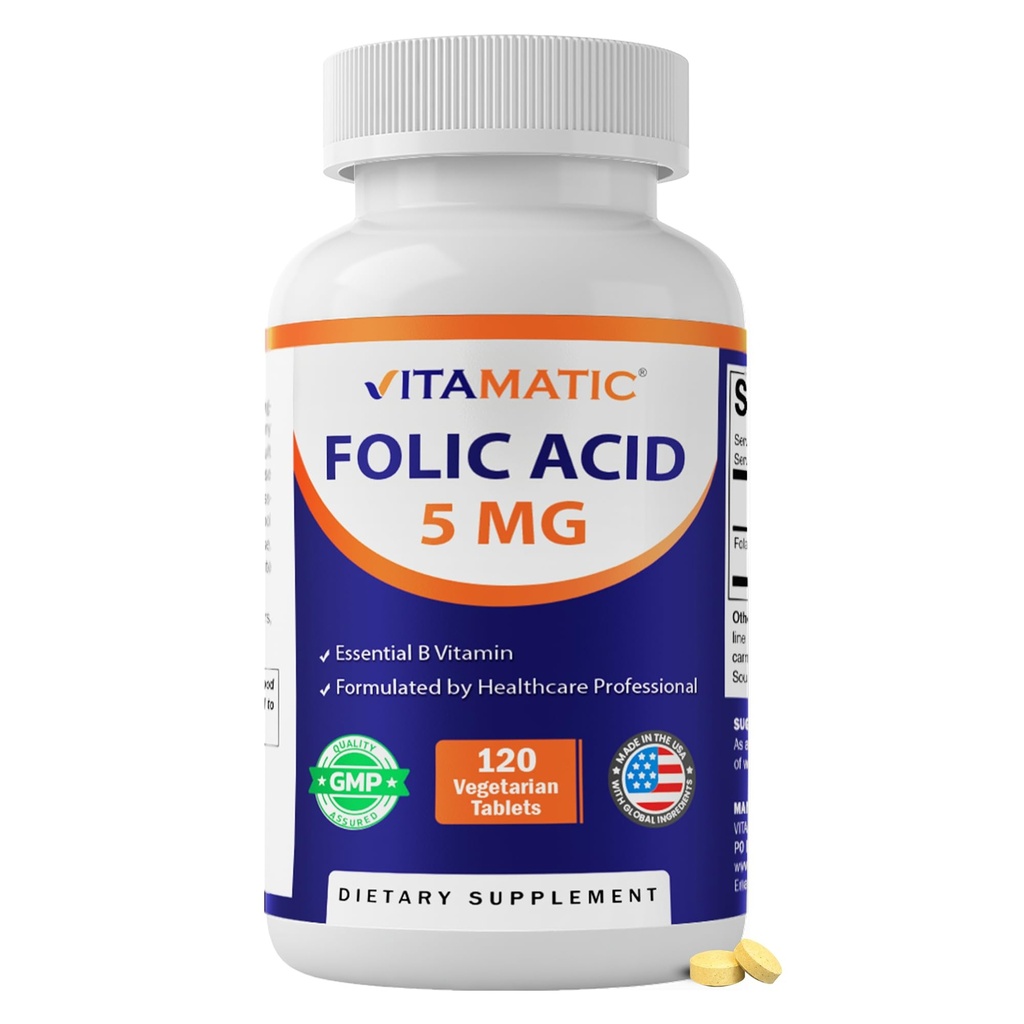 Vitamatic Folic Acid 5 mg (5,000 mcg), 120 Vegetarian Tablets | Vitamin B9