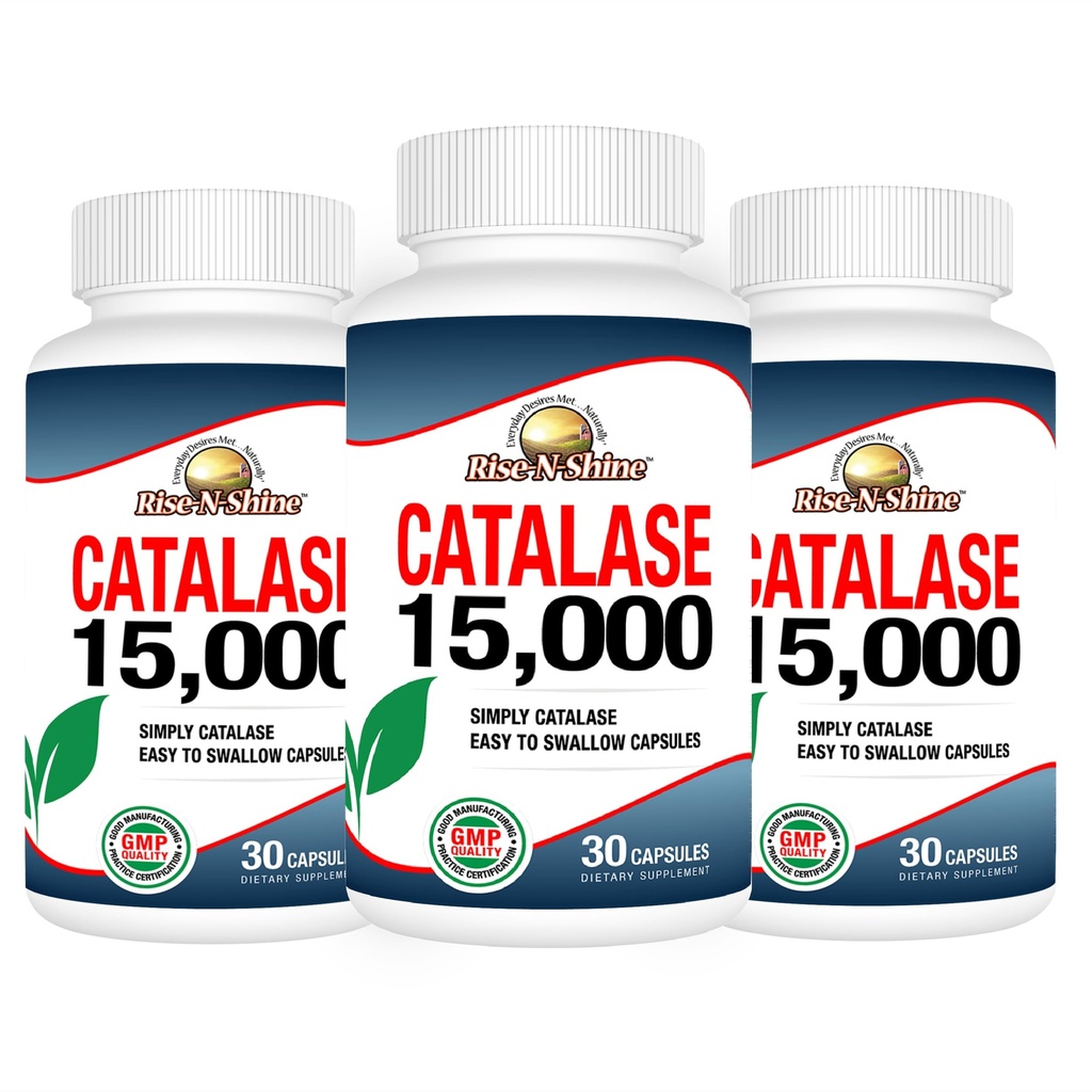 Rise-N-Shine Catalase Suplemento 15,000 - Potente Antioxidante Enzyme para la salud del cabello - Suplementos para el cabello fuerte - 90 cápsulas - Pack de 3 botellas de tamaño completo (90-Day Supply)