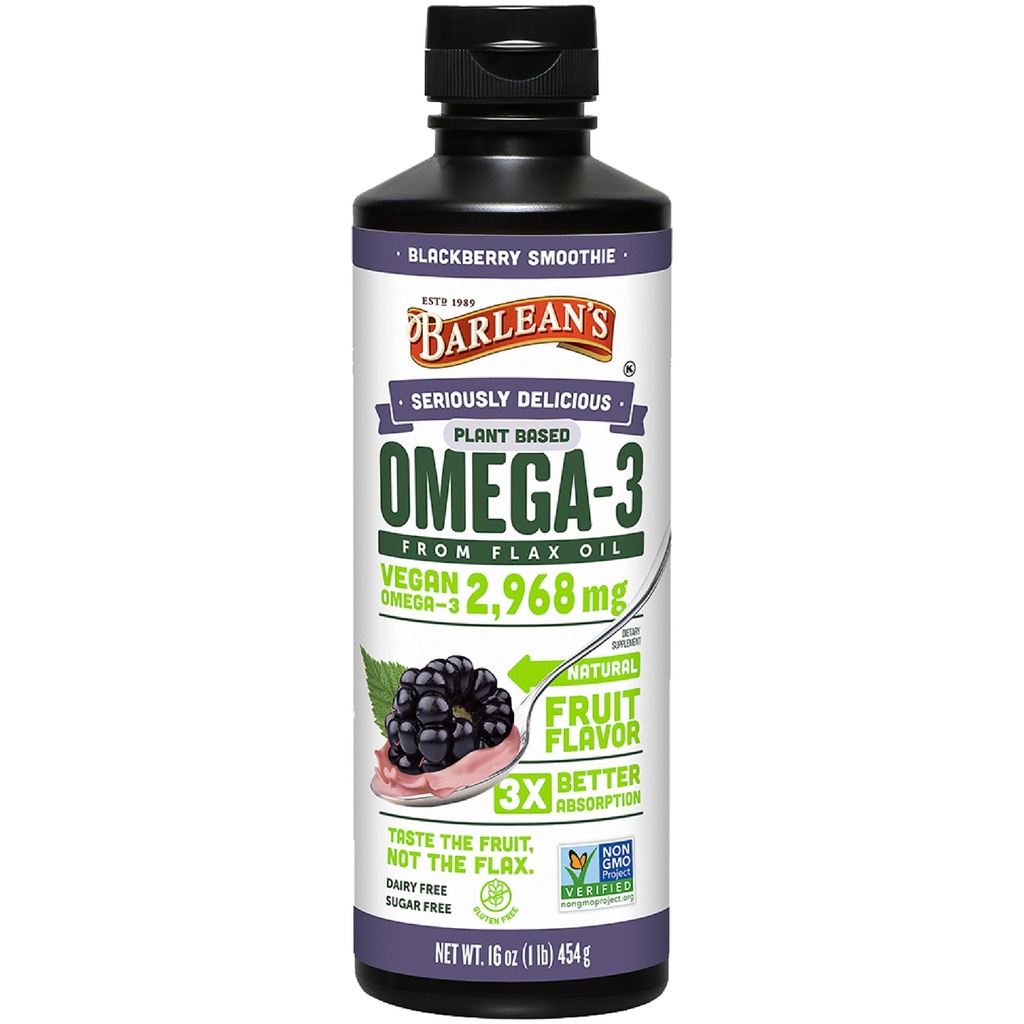 Barlean's Vegan Omega 3 6 9 Flaxseed Oil Liquid Supplement, BlackBerry Smoothie, Flax Seed Oil, 2,968 mg ALA Fatty Acid, Non-GMO y Gluten Free, 16 oz